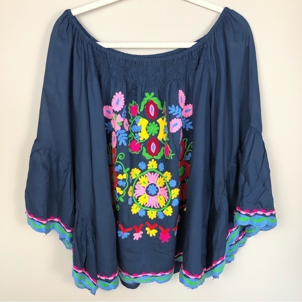 Rubyyaya navy blue flowy top colorful embroidery bell sleeves L